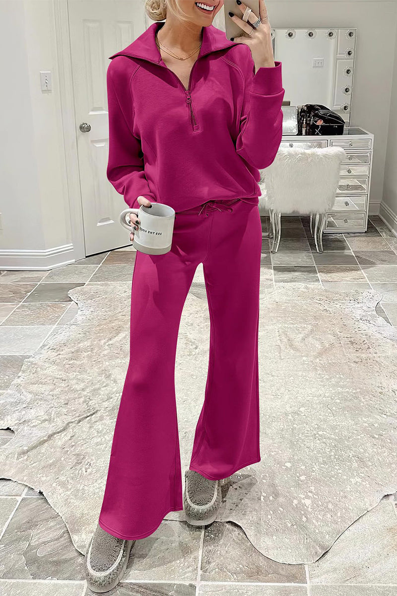 Ropa deportiva informal de dos piezas con bolsillos sólidos, cremallera y cuello vuelto, manga larga