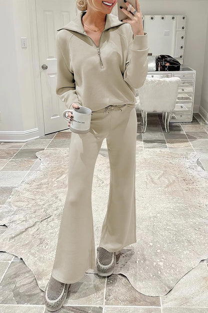 Ropa deportiva informal de dos piezas con bolsillos sólidos, cremallera y cuello vuelto, manga larga