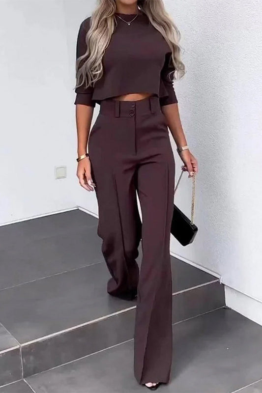 Conjunto informal de dos piezas con cuello alto, media manga y bolsillos lisos (3 colores)
