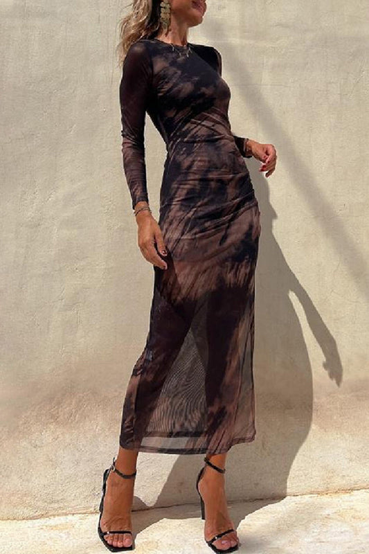 Vestidos casuales vintage con estampado de cambio gradual, cuello redondo transparente y manga larga