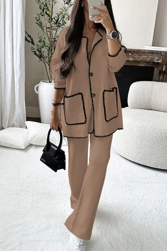 Conjunto informal de dos piezas con cuello redondo, manga larga y bolsillos sólidos