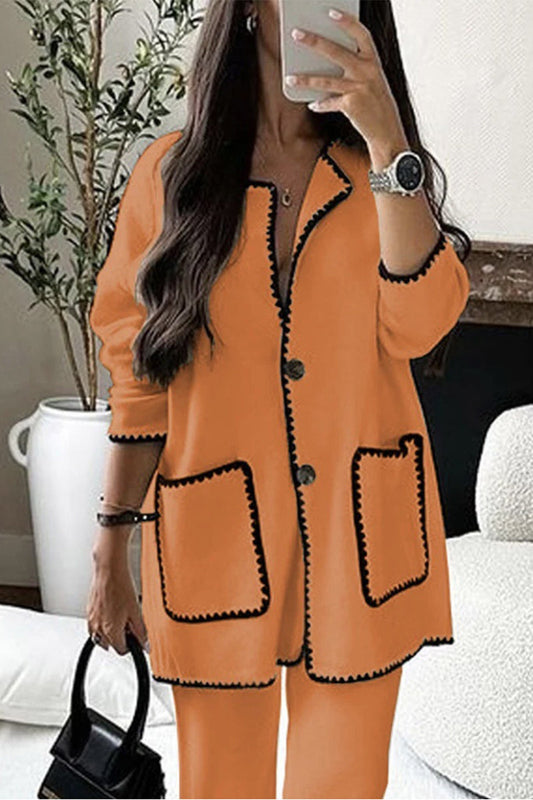 Conjunto informal de dos piezas con cuello redondo, manga larga y bolsillos sólidos