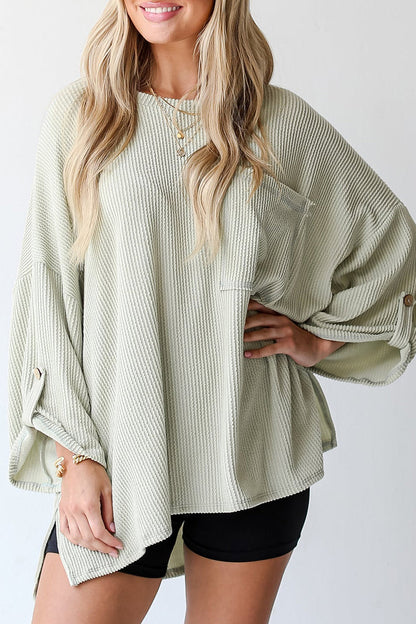 Tops casuales de cuello redondo con bolsillos sólidos