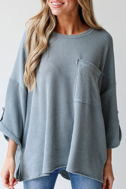 Tops casuales de cuello redondo con bolsillos sólidos