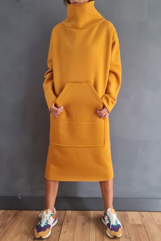 Vestidos casuales de manga larga con cuello alto y bolsillos lisos
