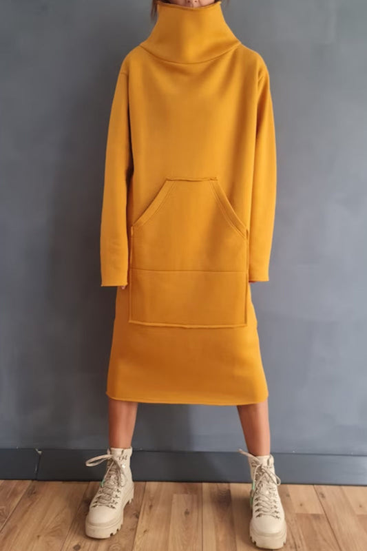 Vestidos casuales de manga larga con cuello alto y bolsillos lisos