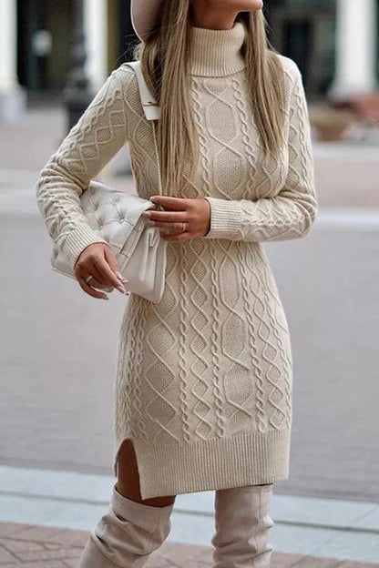 Elegantes vestidos de cuello alto y manga larga con aberturas lisas