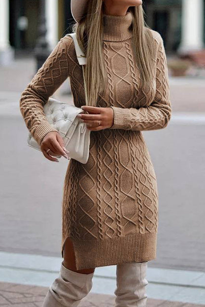 Elegantes vestidos de cuello alto y manga larga con aberturas lisas