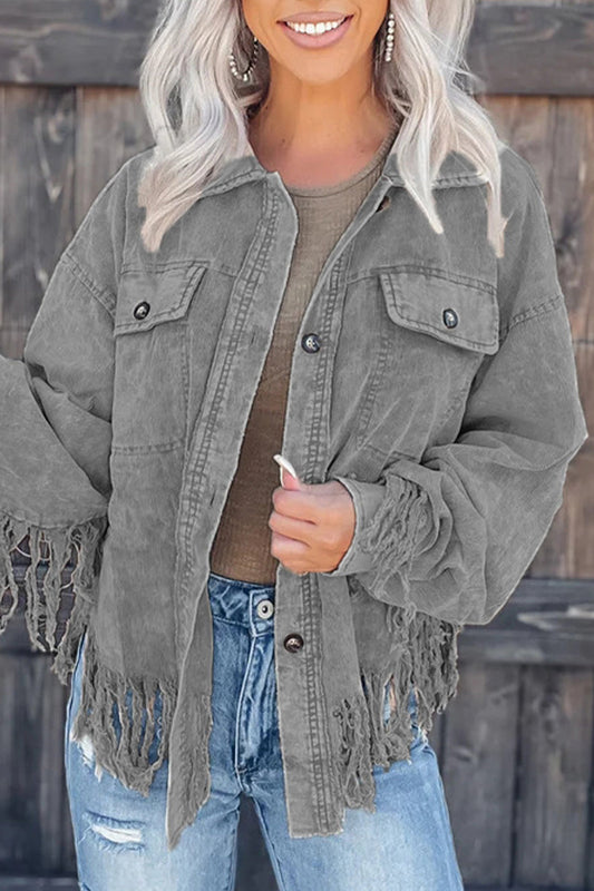 Prenda exterior informal con borlas sólidas y cuello vuelto asimétrico