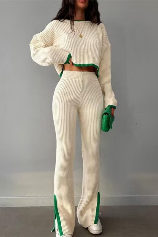Conjunto informal de dos piezas con cuello redondo, manga larga y parches sólidos