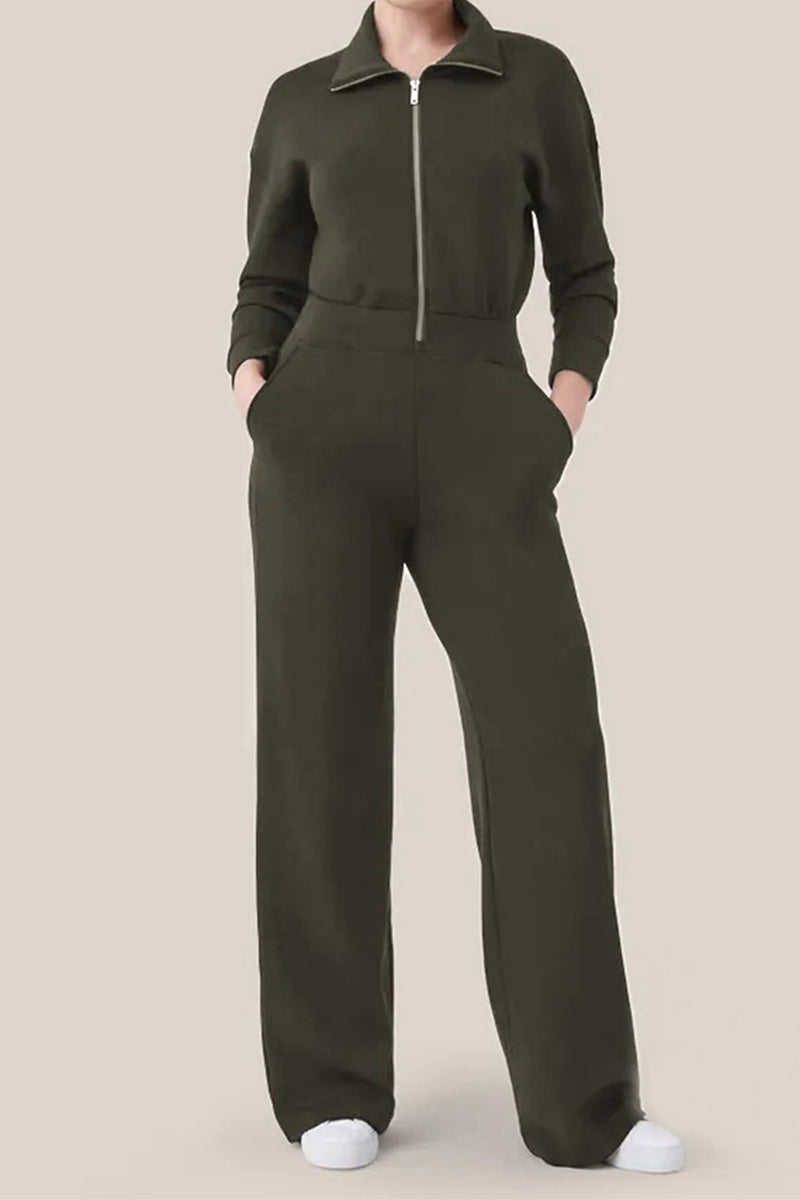 Mono informal sencillo con cuello vuelto, bolsillos sólidos y cremallera