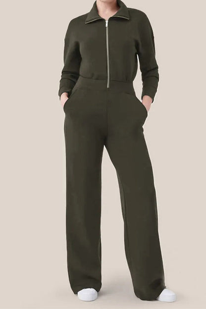 Mono informal sencillo con cuello vuelto, bolsillos sólidos y cremallera