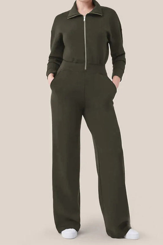 Mono informal sencillo con cuello vuelto, bolsillos sólidos y cremallera