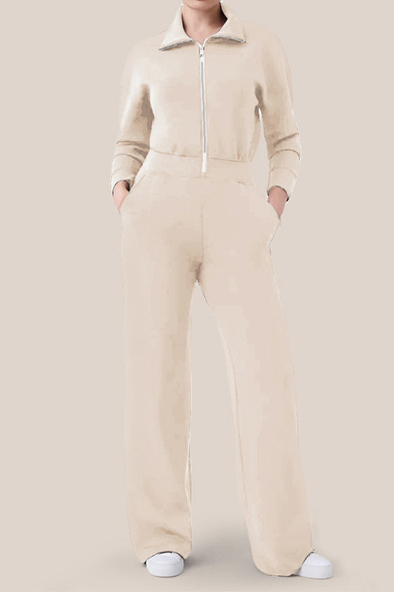 Mono informal sencillo con cuello vuelto, bolsillos sólidos y cremallera