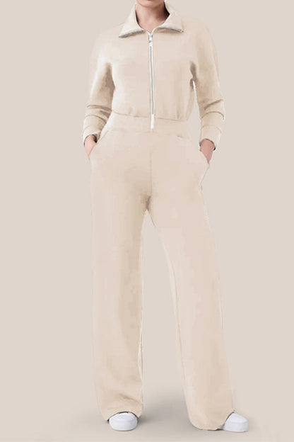 Mono informal sencillo con cuello vuelto, bolsillos sólidos y cremallera