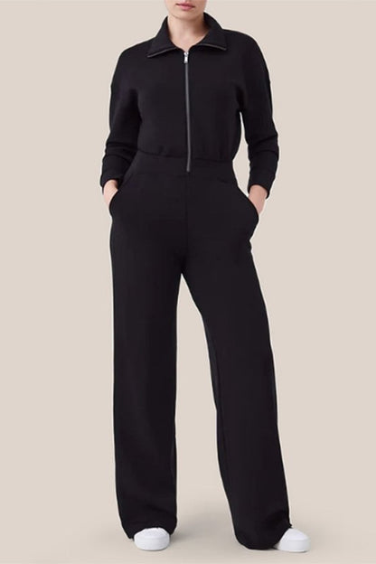 Mono informal sencillo con cuello vuelto, bolsillos sólidos y cremallera
