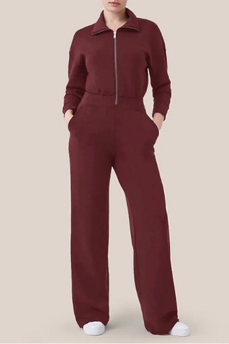 Mono informal sencillo con cuello vuelto, bolsillos sólidos y cremallera