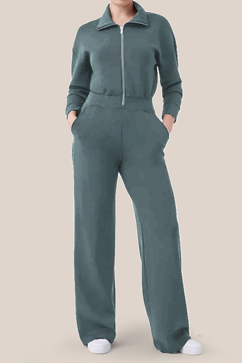Mono informal sencillo con cuello vuelto, bolsillos sólidos y cremallera