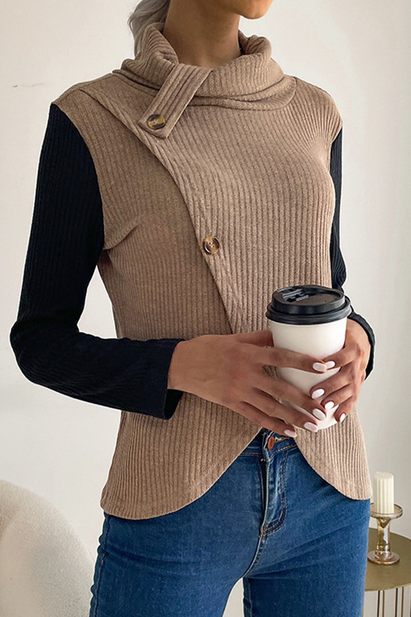 Tops casuales de cuello alto asimétricos con botones lisos