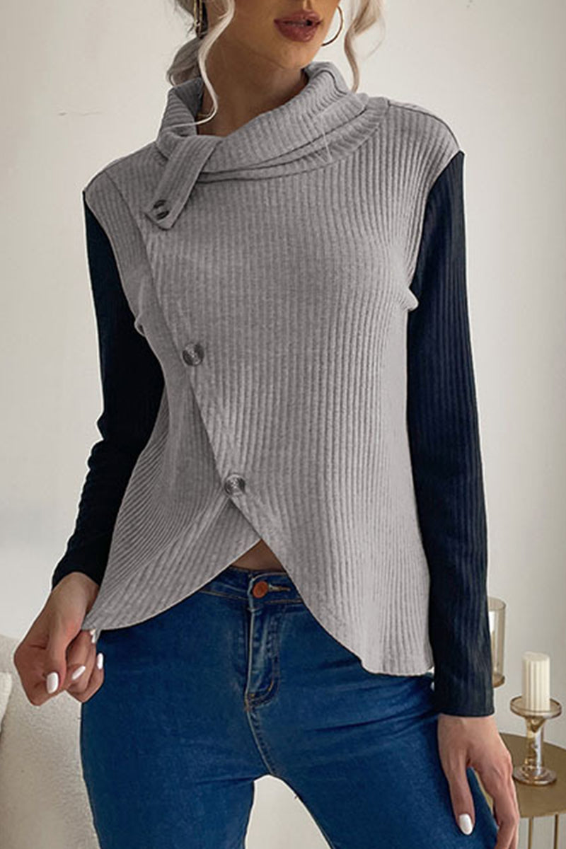 Tops casuales de cuello alto asimétricos con botones lisos