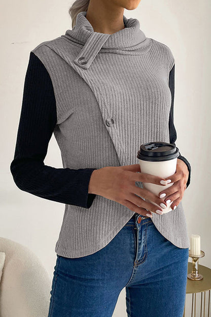 Tops casuales de cuello alto asimétricos con botones lisos