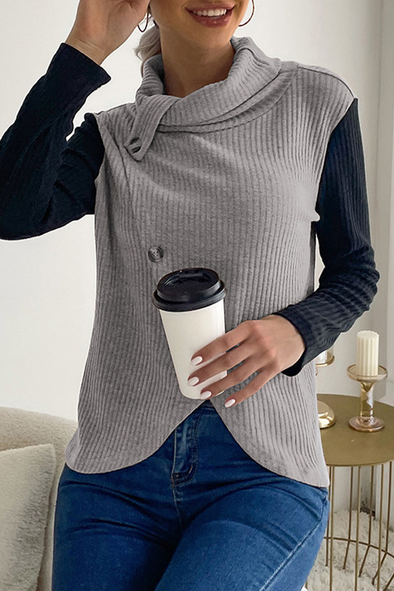 Tops casuales de cuello alto asimétricos con botones lisos