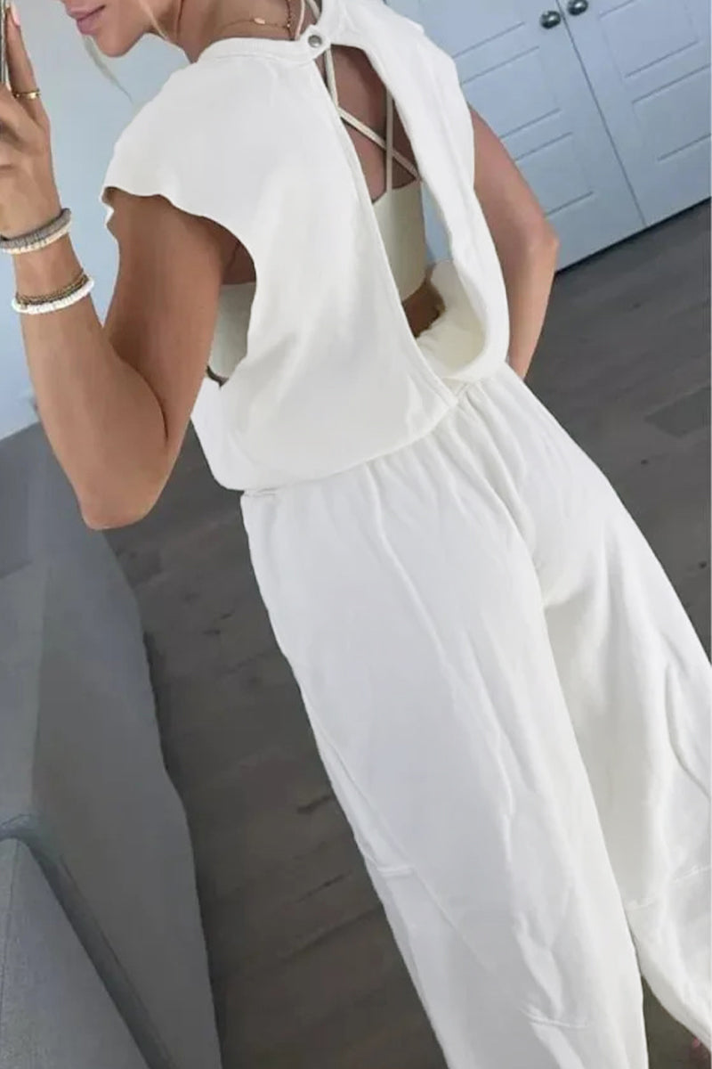 Mono holgado informal sencillo con bolsillos sólidos, frenillo, espalda descubierta y cuello redondo