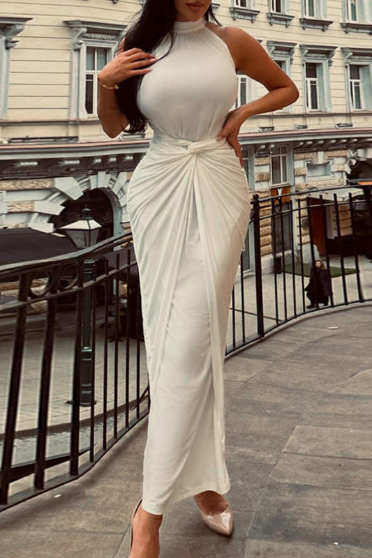 Vestido largo informal de cuello alto con retazos sólidos y medio cuello alto