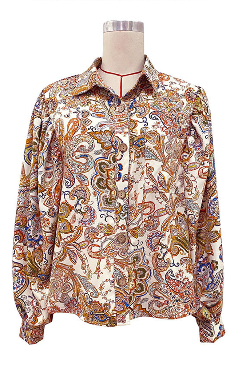 Blusas elegantes con cuello vuelto y hebilla estampada