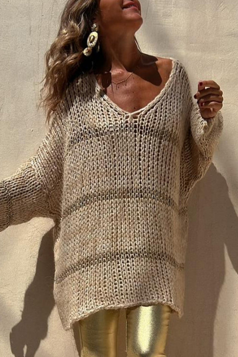 Tops casuales de tejido liso con cuello en V