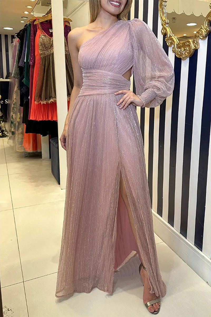 Elegante vestido de noche con cuello oblicuo, lentejuelas y abertura sólida