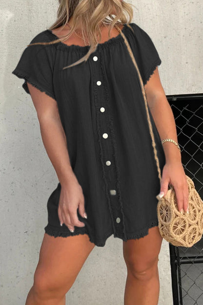 Vestido informal de manga corta con hombros descubiertos y borlas lisas