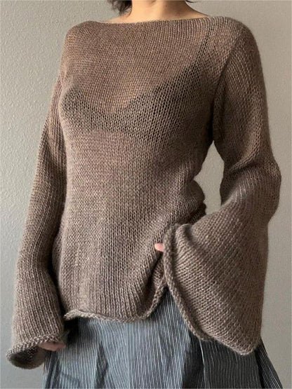 Backless Lace Up Knit Top with Flare Sleeves