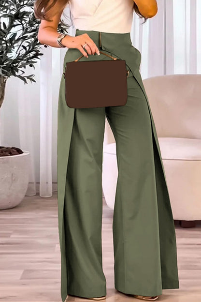 Pantalones casuales de color sólido con parches, cintura alta, convencionales y de color sólido