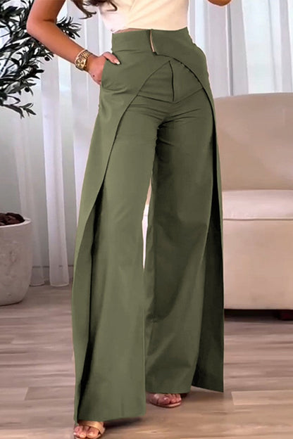 Pantalones casuales de color sólido con parches, cintura alta, convencionales y de color sólido