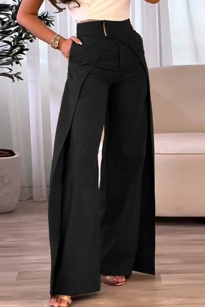 Pantalones casuales de color sólido con parches, cintura alta, convencionales y de color sólido