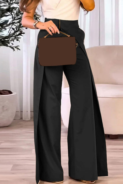 Pantalones casuales de color sólido con parches, cintura alta, convencionales y de color sólido