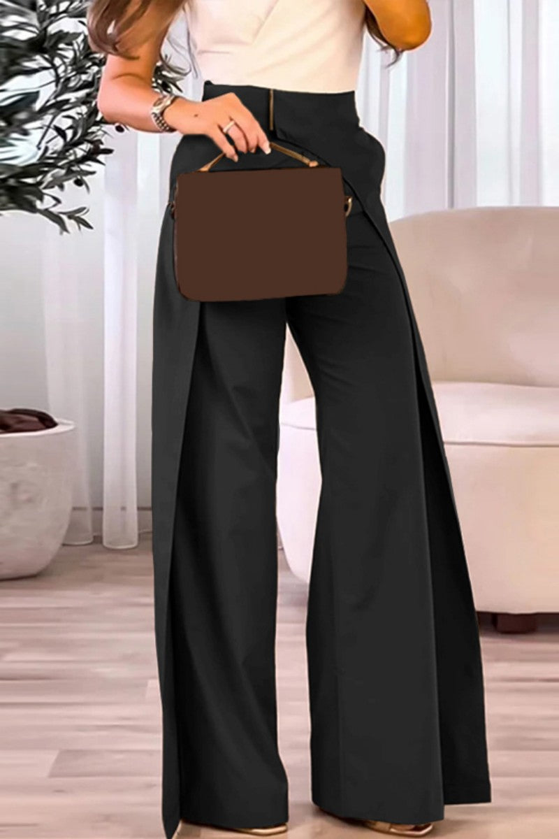 Pantalones casuales de color sólido con parches, cintura alta, convencionales y de color sólido