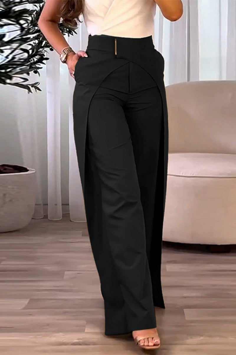 Pantalones casuales de color sólido con parches, cintura alta, convencionales y de color sólido
