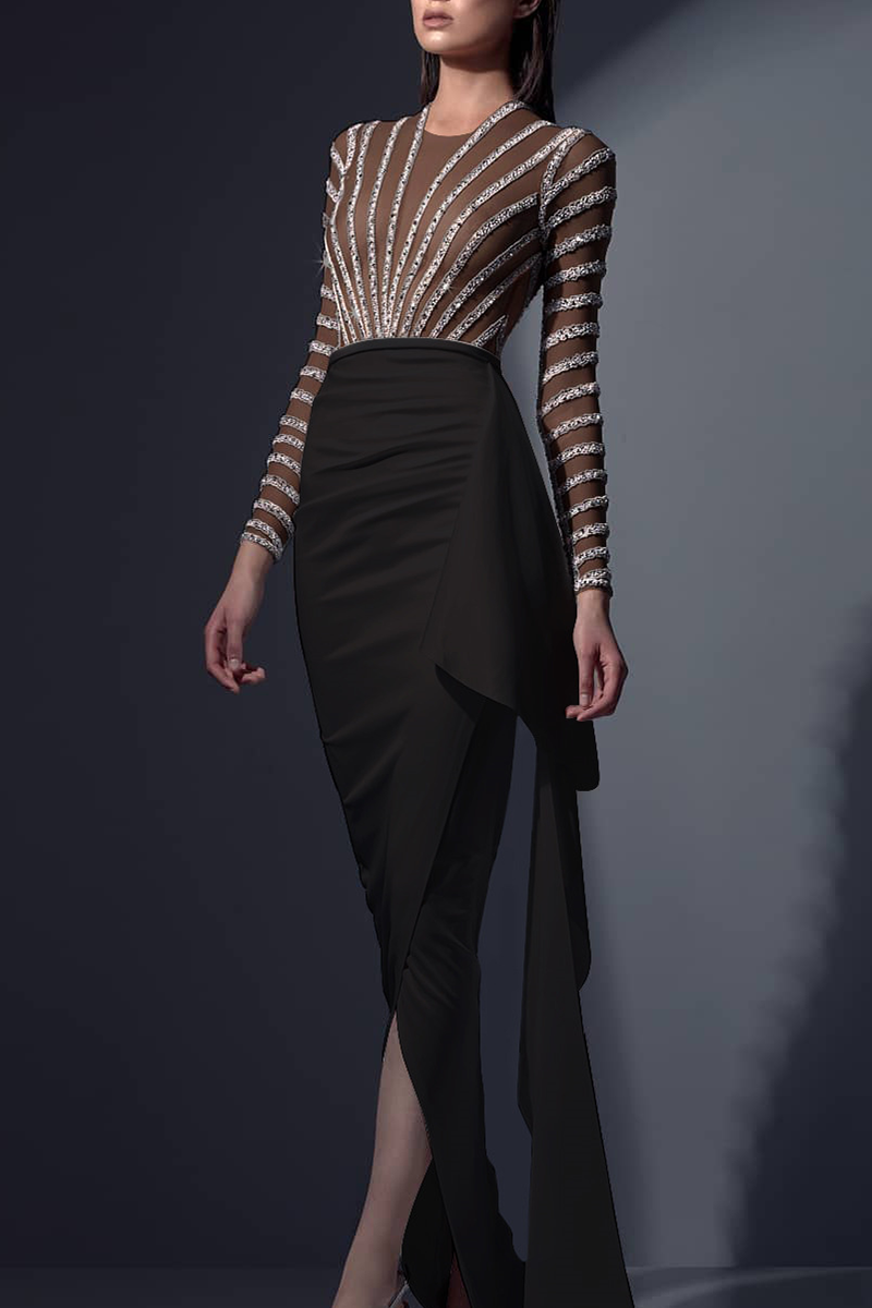 Elegante vestido de noche asimétrico, transparente, con escote redondo (3 colores)