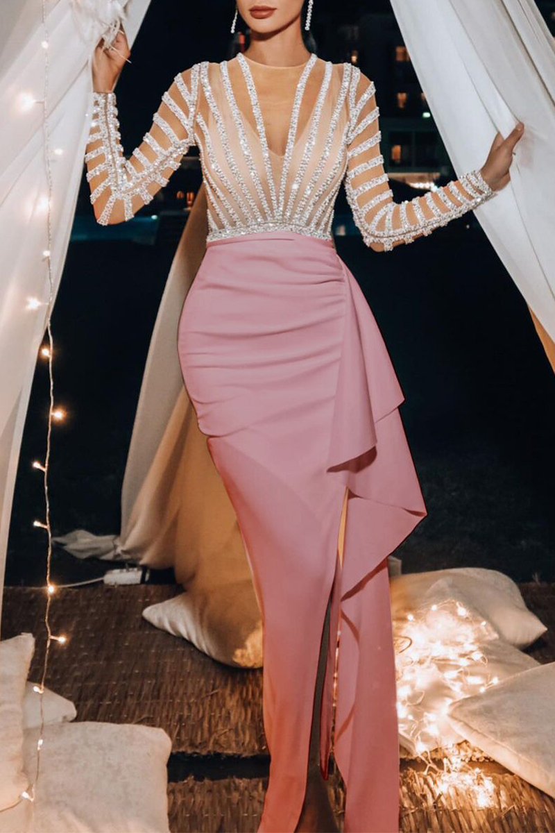 Elegante vestido de noche asimétrico, transparente, con escote redondo (3 colores)