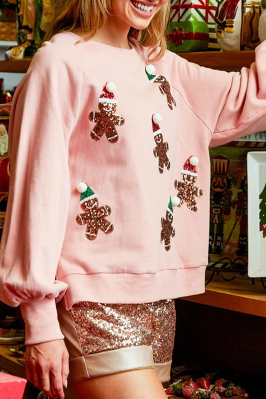 Tops casuales de cuello redondo con parche de lentejuelas de Papá Noel