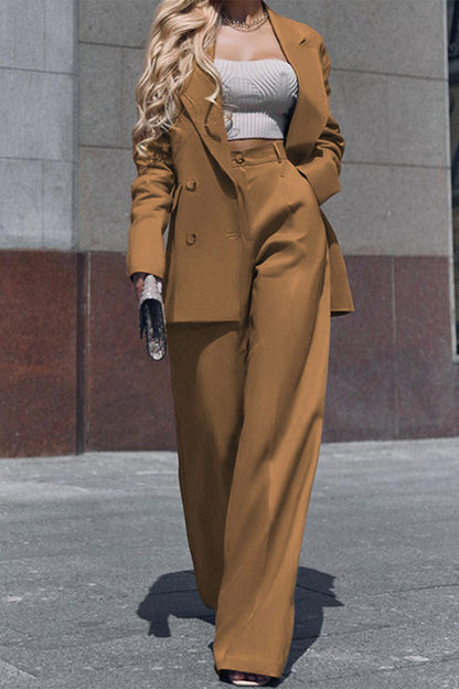 Conjunto informal de dos piezas con cuello vuelto, manga larga y bolsillos sólidos de estilo británico