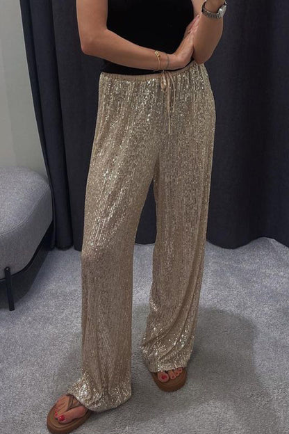 Pantalones casuales lisos con lentejuelas, sueltos, rectos y de color liso