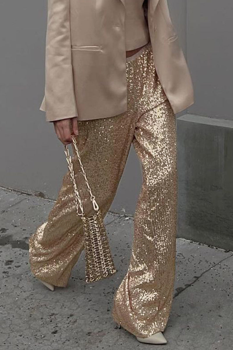 Pantalones casuales lisos con lentejuelas, sueltos, rectos y de color liso