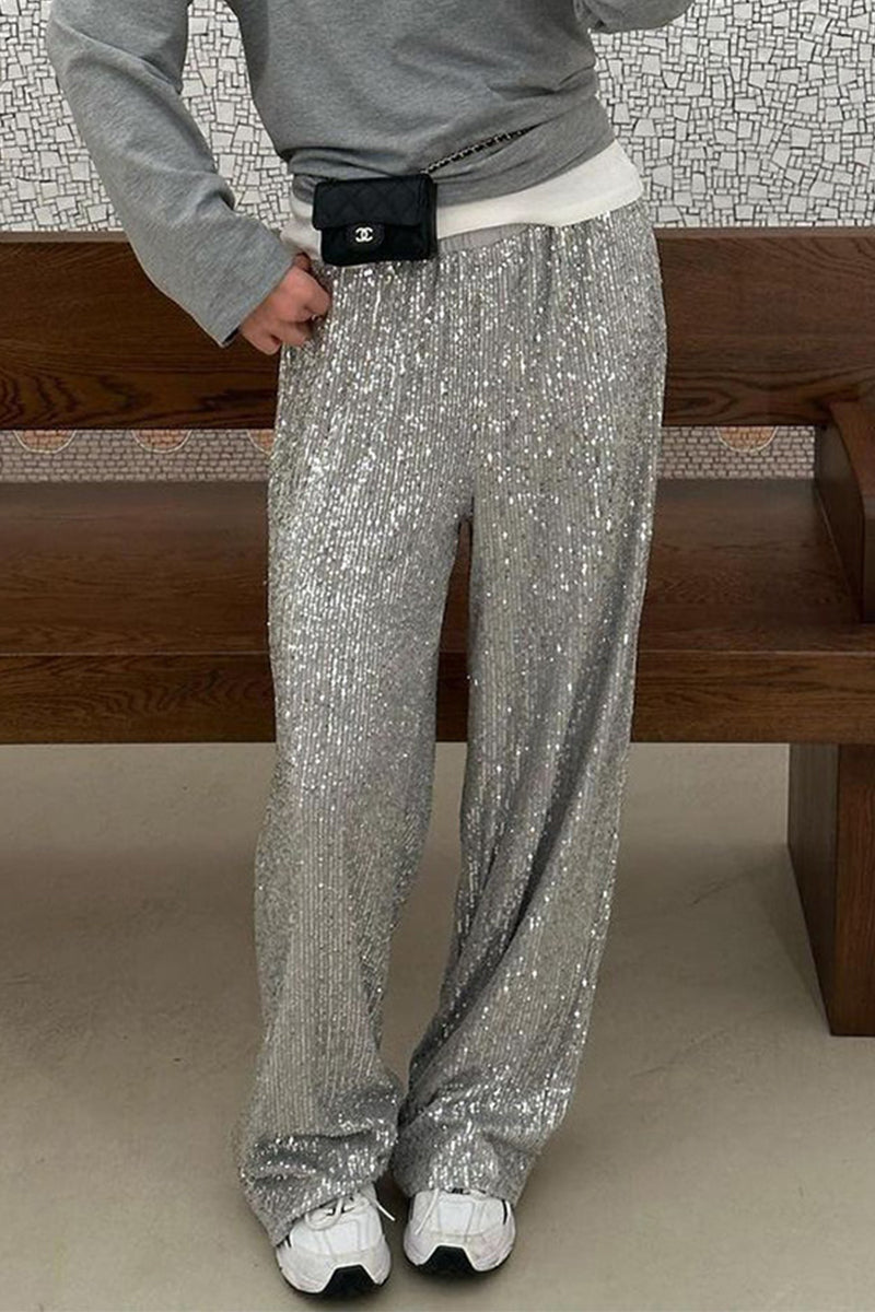 Pantalones casuales lisos con lentejuelas, sueltos, rectos y de color liso