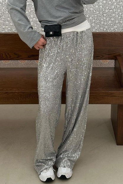 Pantalones casuales lisos con lentejuelas, sueltos, rectos y de color liso