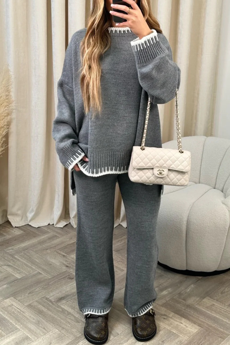 Conjunto informal de dos piezas con cuello redondo, manga larga y parches sólidos