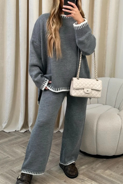 Conjunto informal de dos piezas con cuello redondo, manga larga y parches sólidos