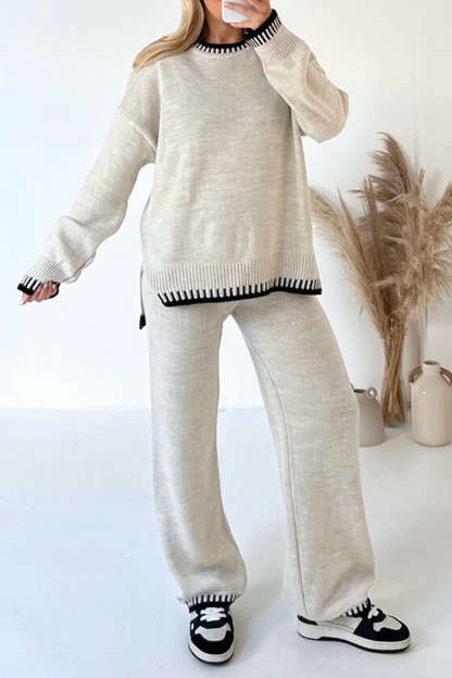 Conjunto informal de dos piezas con cuello redondo, manga larga y parches sólidos